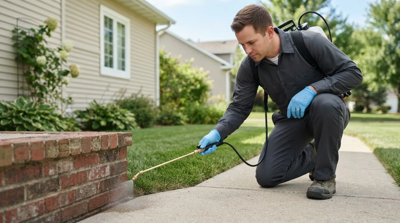 Pest control technician treating a home near Farmingdale, NY