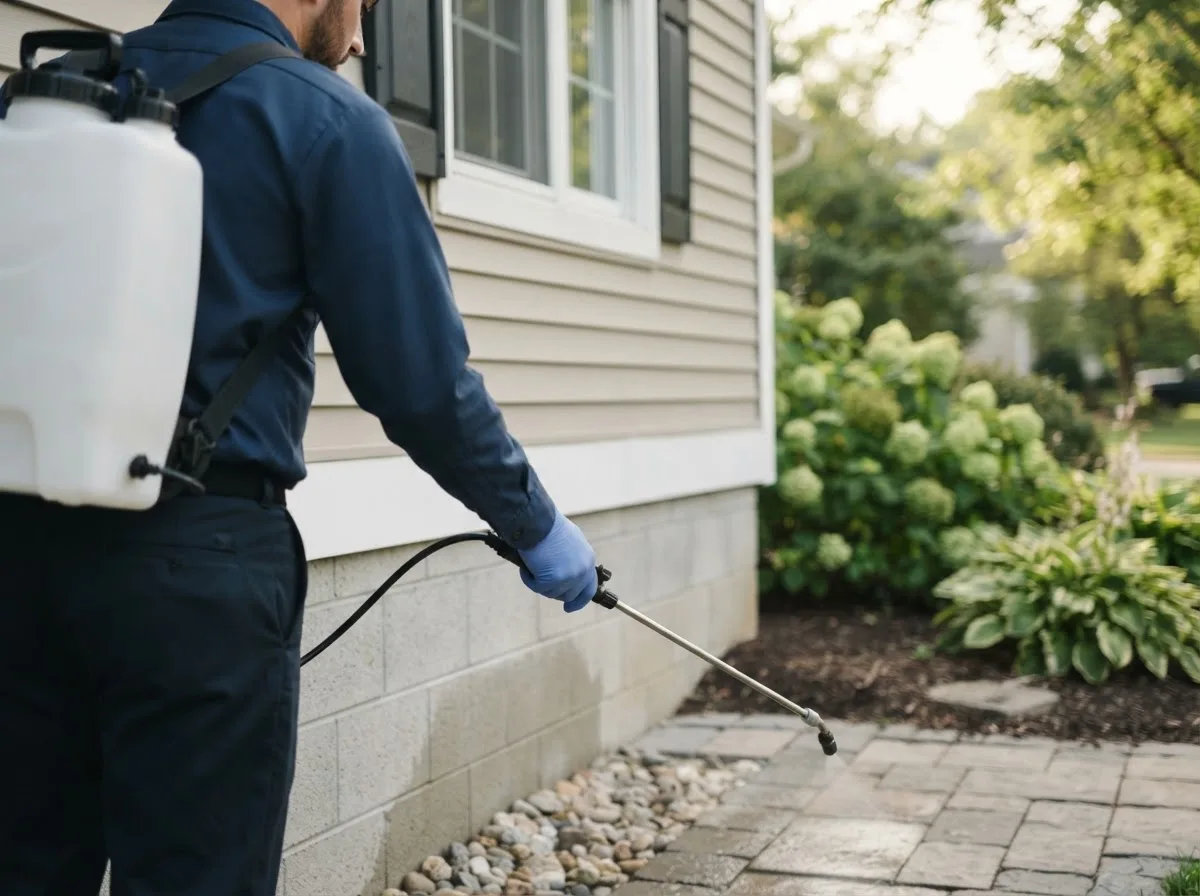Pest control technician inspecting a home in Farmingdale, NY